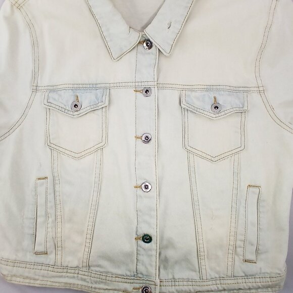 💲Sale - JustFab Light Blue Faded Distressed Crop Short Denim Jacket Blazer GUC - Picture 5 of 8
